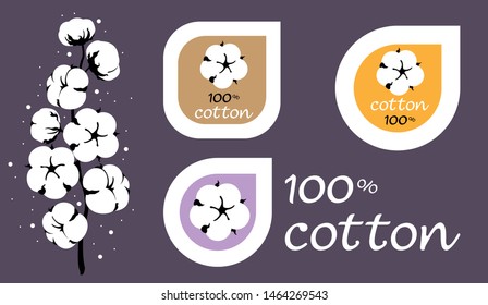 Cotton logos, icons, labels, stickers and emblems. Clothing decorative elements.  Cotton isolated on background. Drawn Vector illustration of cotton flower branch