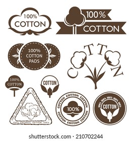Cotton logos, icons, labels, stickers and emblems. Clothing decorative elements.