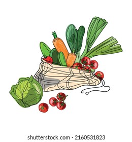 Bolsa de malla de algodón con verduras frescas coloridas ilustraciones vectoriales aisladas en fondo blanco. Compra amigable con el medio ambiente y concepto de estilo de vida saludable.Concepto de basura cero.Dibujo de alimentos frescos