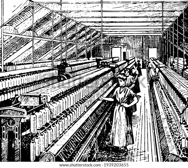 Cotton Mill,\
vintage engraved \
illustration.