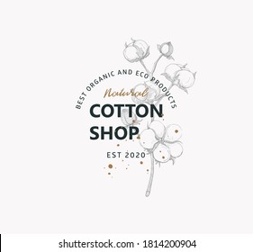 Signo del logo de la naturaleza del algodón. Logo vector de tienda natural con flor de algodón de imagen sobre fondo claro. Estilo grabado.