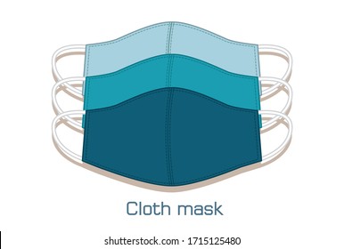 Cotton navy blue cloth mask covid19 illustration. Handmade protective fabric mask. Blue mask on white background. sea