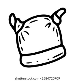 Cotton newborn cap with knot. Hand drawn doodle. Headdress. Hat baby. Little child clothes. Childhood. Vector line art illustration.