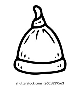 Cotton newborn cap with knot. Hand drawn doodle. Headdress baby. Hat. Little child clothes. Childhood. Vector line art illustration.