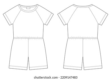 Cotton oversized raglan jumpsuit technical sketch. Women's romper design template. Casual underclothing. Front and back views. Vector CAD design illustration