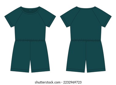 Cotton oversized raglan jumpsuit technical sketch. Dark green color. Women's romper design template. Casual underclothing. Front and back views. Vector CAD design illustration