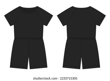 Cotton oversized raglan jumpsuit technical sketch. Black color. Women's romper design template. Casual underclothing. Front and back views. Vector CAD design illustration