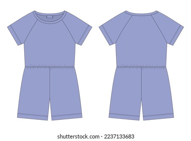 Cotton oversized raglan jumpsuit technical sketch. Cool blue color. Women's romper design template. Casual underclothing. Front and back views. Vector CAD design illustration