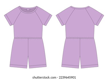 Cotton oversized raglan jumpsuit technical sketch. Pastel purple color. Women's romper design template. Casual underclothing. Front and back views. Vector CAD design illustration