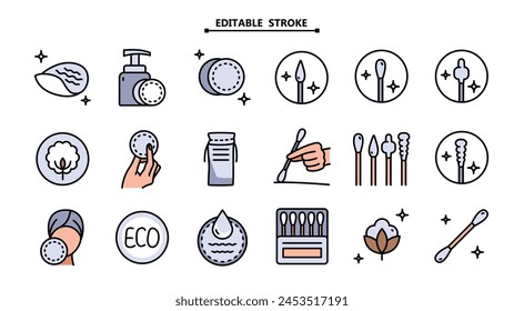 Cotton pads, ear stick in color style. Makeup, hygiene products vector illustration. Medical tools, hygiene objects. Cotton swabs, clean, medical, tool, stick free vector icons set.