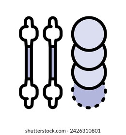 Cotton pads, ear stick in line style. Makeup, hygiene products vector illustration. Medical tools, hygiene objects. Cotton swabs, clean, medical, tool, stick free vector icons set.