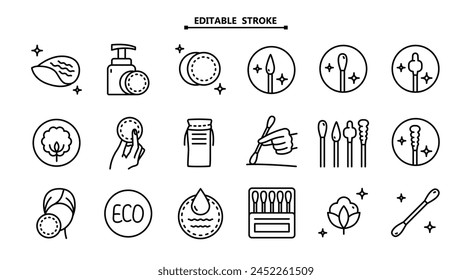 Cotton pads, ear stick in line style. Makeup, hygiene products vector illustration. Medical tools, hygiene objects. Cotton swabs, clean, medical, tool, stick free vector icons set.