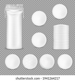 Cotton pads packaging, healthcare 3d vector mockup. Makeup soft discs in plastic package with strings, face hygiene and nursing. White round cotton pads with textural surface, toiletries realistic set