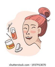 Cotton pads. Cotton swabs. Cosmetic jars. Hygiene, cosmetology, home spa. Vector illustration on a white 