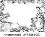 A cotton picker by hand. Black and white, detailed, graphic, vector illustration. A beautiful woman collects cotton with her own hands. Hand-drawn on a white background. For banner, poster, postcard.