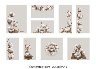 Cotton plant backgrounds set. Cotton branches design elements. Various sizes beige templates with cotton plants