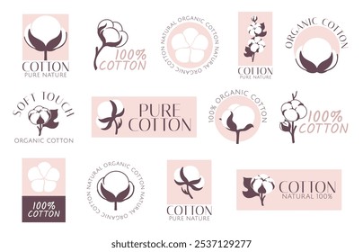 Plantas de algodón insignias. Diseño de etiquetas orgánicas para telas y ropa, ropa interior y objetos ecológicos. Iconos de flores de algodón Vector picante naturaleza diseño