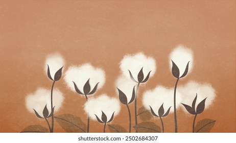 Cotton plant design with soft white cotton bolls and dark leaves on a warm brown background. This illustration evokes a sense of natural beauty and simplicity, perfect for rustic-themed project.