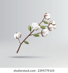 Cotton plant flower 3d render illustration with blossom and leaves.