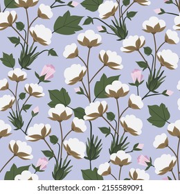 Cotton plant and flower seamless pattern on a purple background