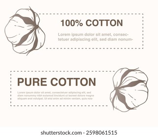 Cotton Plant Illustration. Cotton Branch Label Design. 100% Cotton, Pure Cotton Graphics. Hand Drawn Flowers  Line Art Illustration. Outline Trendy Minimalist Design