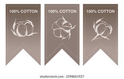 Cotton Plant Illustration. Cotton Branch Label Design. 100% Cotton, Pure Cotton Graphics. Hand Drawn Flowers  Line Art Illustration. Outline Trendy Minimalist Design