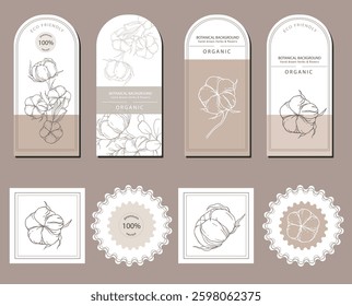 Cotton Plant Illustration. Cotton Branch Label Design. 100% Cotton, Pure Cotton Graphics. Hand Drawn Flowers  Line Art Illustration. Outline Trendy Minimalist Design