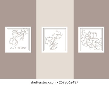 Cotton Plant Illustration. Cotton Branch Label Design. 100% Cotton, Pure Cotton Graphics. Hand Drawn Flowers  Line Art Illustration. Outline Trendy Minimalist Design