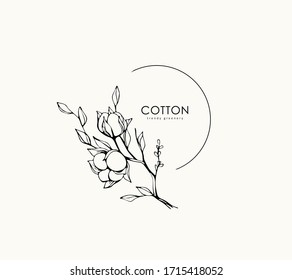 Cotton plant logo and branch. Hand drawn wedding herb, plant and monogram with elegant leaves for invitation save the date card design. Botanical rustic trendy greenery vector illustration