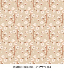 Cotton plant seamless pattern. Branch with flowers and ripe bolls endless background. Purity, innocence, and new beginnings symbols repeat background. Vector hand drawn illustration