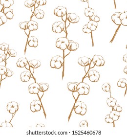 Cotton Plant Seamless Pattern. Sprigs Of Cotton Vector Illustration.