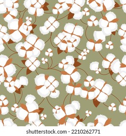 cotton. plant. vector seamless background. white flowers. raw plant.
