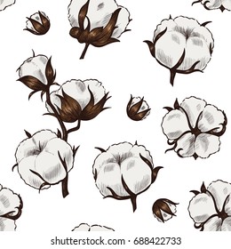 Cotton Plant . Vector Seamless Pattern. Vintage Style