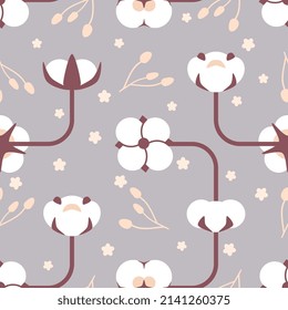 Cotton plants, fluffy balls, branches. White cotton buds and brown branches. Perfect for textile prints. Seamless repeat pattern. Vector illustration. Trendy illustrations. 