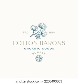 Cotton Purveyors Logo Template. Hand Drawn Cotton Branch with Flowers Sketch with Retro Typography. Premium Product Supplyers Emblem. Isolated