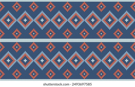 Baumwolle rhombus argyle stricken Textur geometrische Vektorgrafik nahtlos. Teppich-Strickstoff-Print. Winter nahtlose Strickmuster.