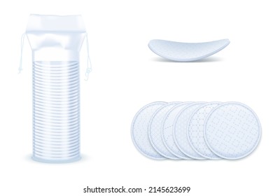 Cotton round cosmetic pads and packaging realistic vector set on white background. 