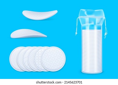 Cotton round cosmetic pads and packaging realistic vector set on blue background.