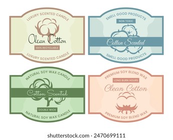 Cotton scented wax candle retro package label design template set vector flat illustration. Spa therapy relaxation aroma fragrance luxury eco smell floral aromatherapy calligraphy packing emblem