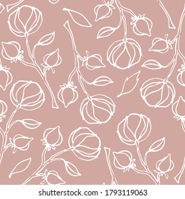 Cotton seamless pattern. Cotton flower for wedding, packaging paper, textile, fabric, wallpapers, branding. Natural, eco, organic, softness, comfort, high quality, sustainability concepts. Outline.