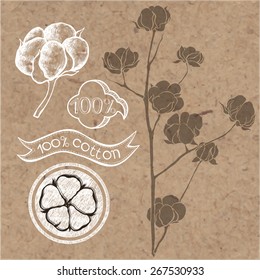 Conjunto de algodón. Etiquetas de algodón, pegatinas y elementos aislados en fondo de papel kraft. 