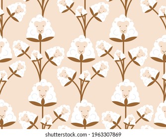 Cotton Sheep pattern seamless. Cotton flower in form of ewe background. vector texture