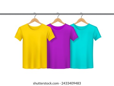 Cotton shirt store, T-shirts on hangers rack for shop wardrobe, vector mockup. T-shirts hanging on wooden hangers, yellow, purple and turquoise green blank shirts for apparel store or clothing shop