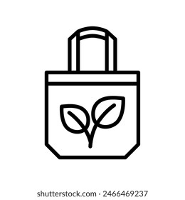 Cotton shopping bag with leaves outline icon. Editable stroke. Isolated vector illustration 