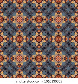 Cotton or silk headscarf, kerchief square pattern design, oriental style in blue, gray and orange colors. Vector seamless bandana print with paisley ornament.