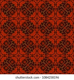 Cotton or silk headscarf, kerchief square pattern design, oriental style in red, yellow and brown colors. Vector seamless bandana print with paisley ornament.