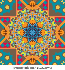 Cotton or silk headscarf, kerchief square pattern design, oriental style in brown, orange and blue colors. Vector seamless bandana print with paisley ornament.