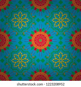 Cotton or silk headscarf, kerchief square pattern design, oriental style in green, orange and blue colors. Vector seamless bandana print with paisley ornament.