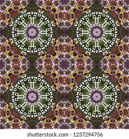 Cotton or silk headscarf, kerchief square pattern design, oriental style in green, brown and gray colors. Vector seamless bandana print with paisley ornament.
