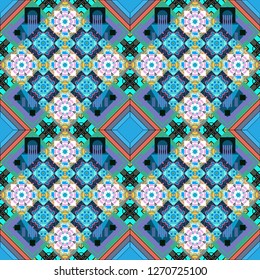 Cotton or silk headscarf, kerchief square pattern design, oriental style in blue, green and violet colors. Vector seamless bandana print with paisley ornament.
